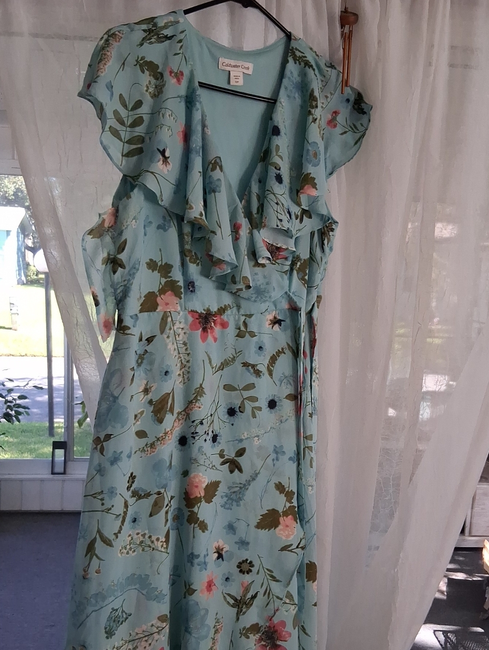 Coldwater Creek Seafoam Floral Ruffle Wrap Midi Dress